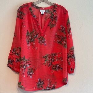 EUC Liz Claiborne Women's  Salmon Floral 3/4 Sleeve Relaxed Blouse Top Size XL